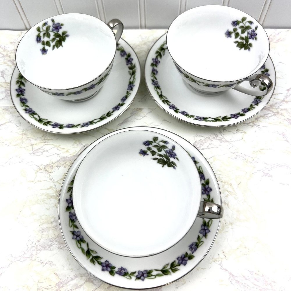Vintage Jyoto Fine China Japan 3 Teacups & Saucers Glendale Violet - Picture 5 of 9